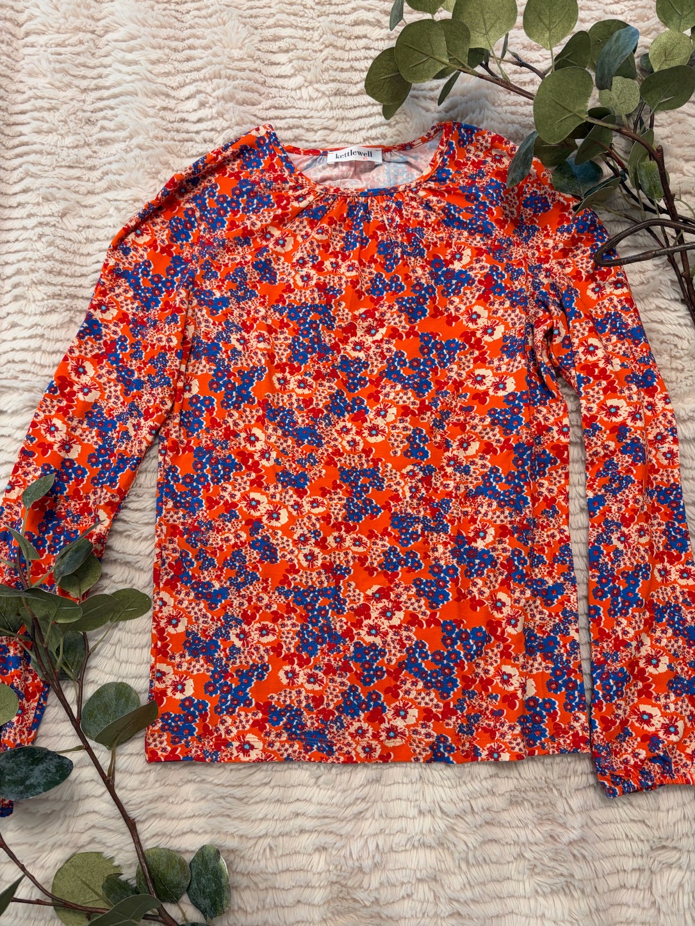 Kettlewell Women’s Orange Floral Blouse with Blue Accent Flowers XS  LIKE NEW